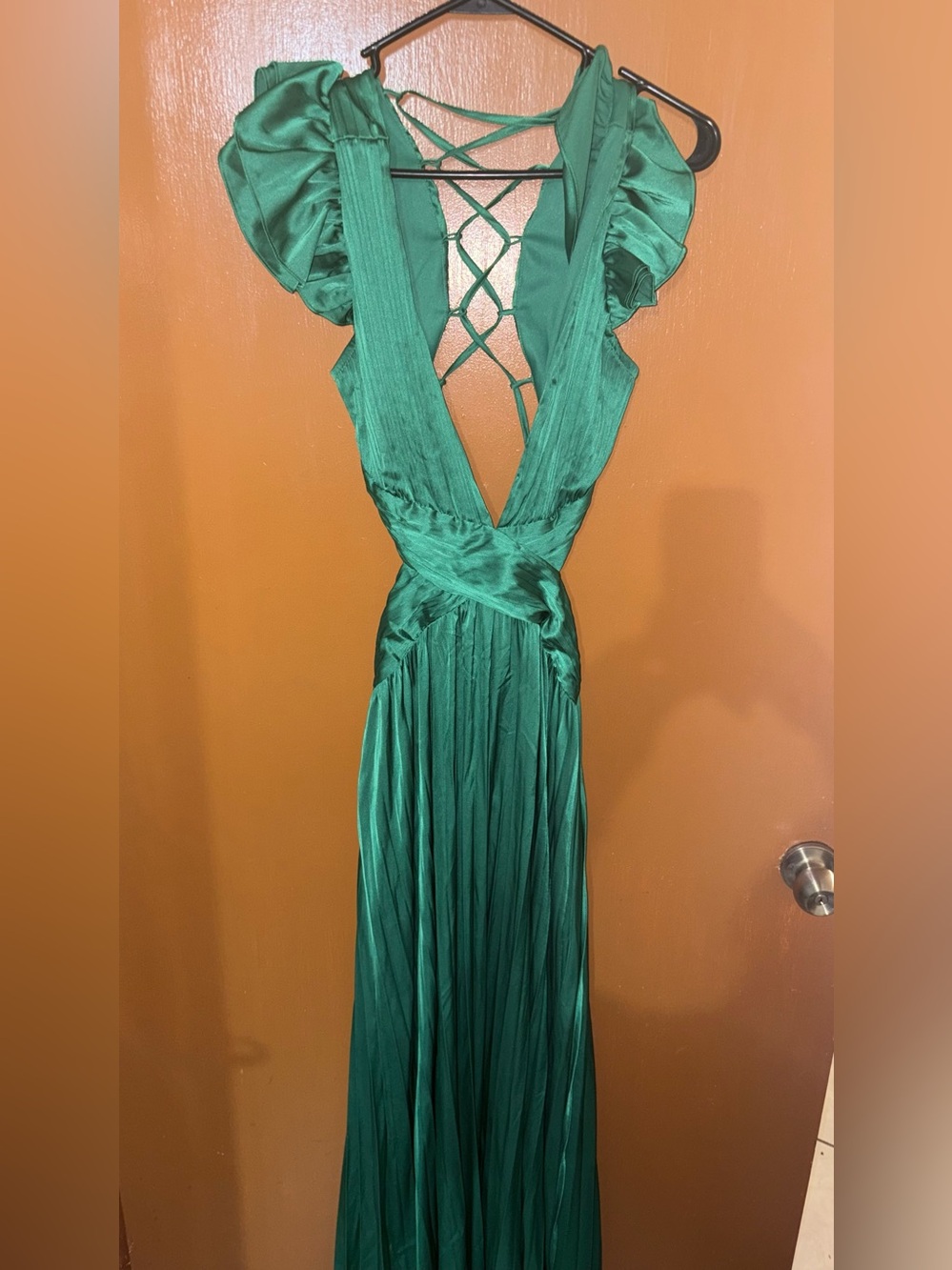 Emerald Green Satin Maxi Dress with Lace-Up Back